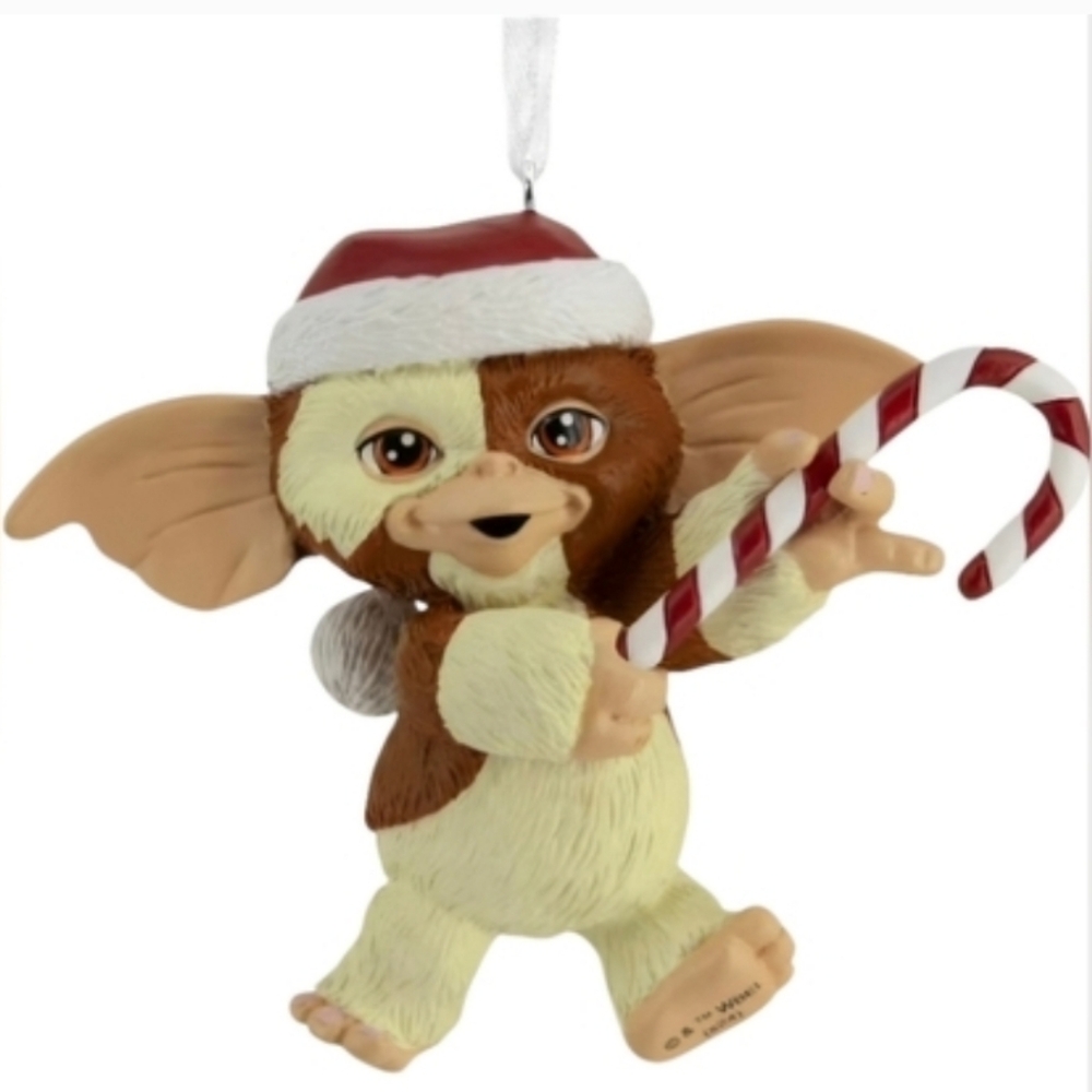 Gremlin's Gizmo Christmas Ornament Wearing A Santa Hat Holding A Candy Cane